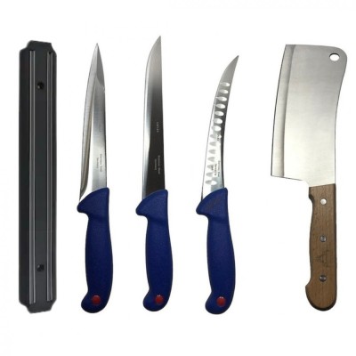 Set profesional de macelarie, filetat, transat, injunghiat, dezosat, otel carbon, 3 cutite, satar, suport magnetic foto