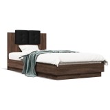 Gossi cadru de pat cu tablie si lumini led, stejar maro, 90x190 cm