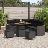 Set de canapea pentru grădină vidaXL cu perne, 8 piese, Negru, Ratan poli, Acacia, Set de dining pentru grădină vidaXL cu perne, 3 piese, Negru, Ratan