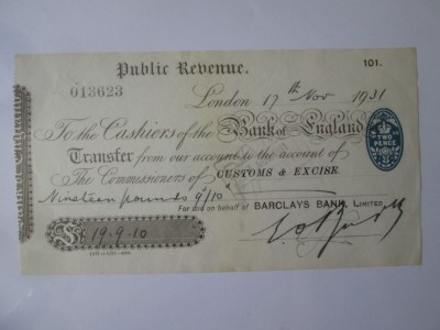 Rar! Cec transfer de la banca Barclays la banca Angliei din 1931 foto