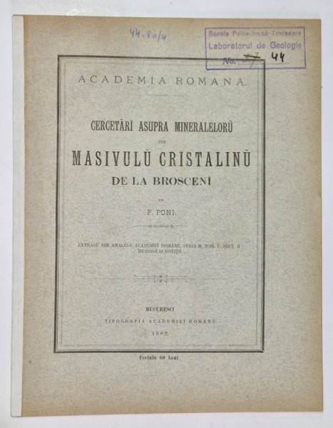 CERCETARI ASUPRA MINERALELORU DIN MASIVULU CRISTALINU DE LA BROSCENI de P. PONI , 1882 , COPERTA SPATE REFACUTA