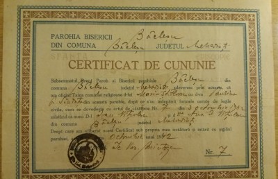QW13 12 - 1942 - Certificat de cununie religioasa Parohia Baclesu jud Mehedinti foto