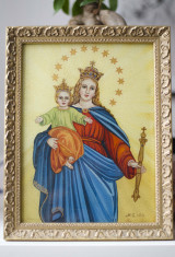 Fecioara Maria cu Pruncul Iisus Icoana catolica pe sticla semnata si datata foto