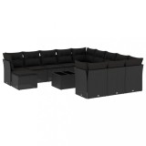 Set mobilier de gradina cu perne, 13 piese, negru, poliratan