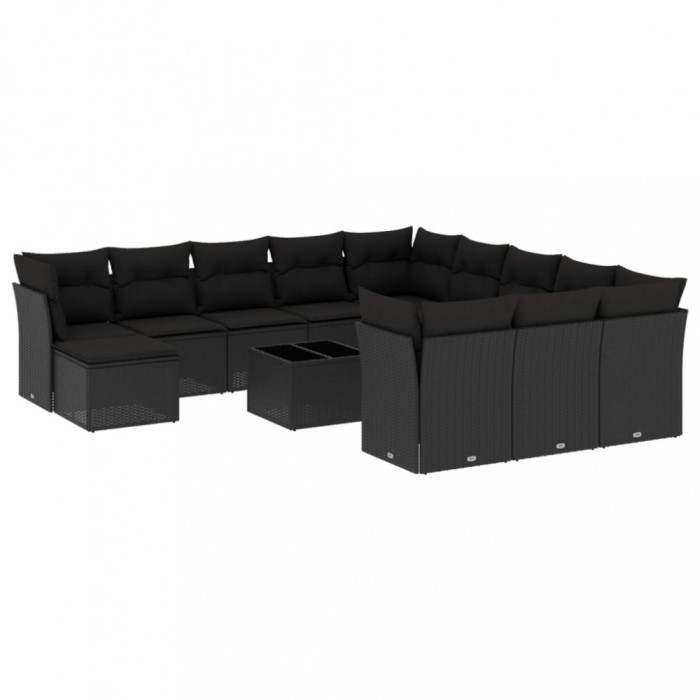 Set mobilier de gradina cu perne, 13 piese, negru, poliratan