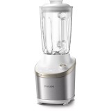 Blender de mare viteza Philips HR3760/01, 1500 W, vas de sticla capacitate 2 l, corp din metal alb, 4 lame zimțate, setari de viteza variabila, preset