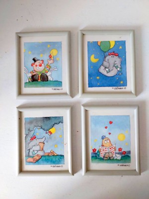 Lot 4 tablouri mici print W. Steinbeck, rama plastic cu sticla, 9x7.5cm foto