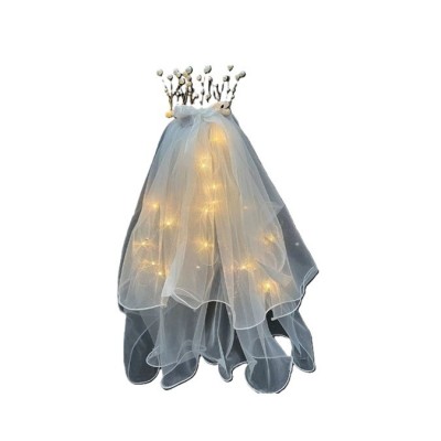 Voal Luminos cu Coronita, Cyrax, Lumina Alb Cald, pentru Serbari Copii, Petrecerea Burlacitelor, Marime universala, Lumina LED, Alb foto