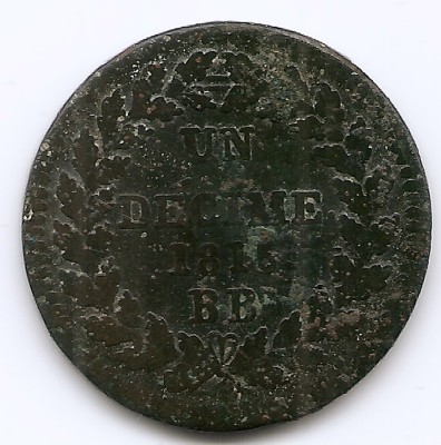 Franta 1 decime 1815 BB - Napoleon I, Litera L, Bronz, 20 g, 32 mm, KM-701 (6) foto