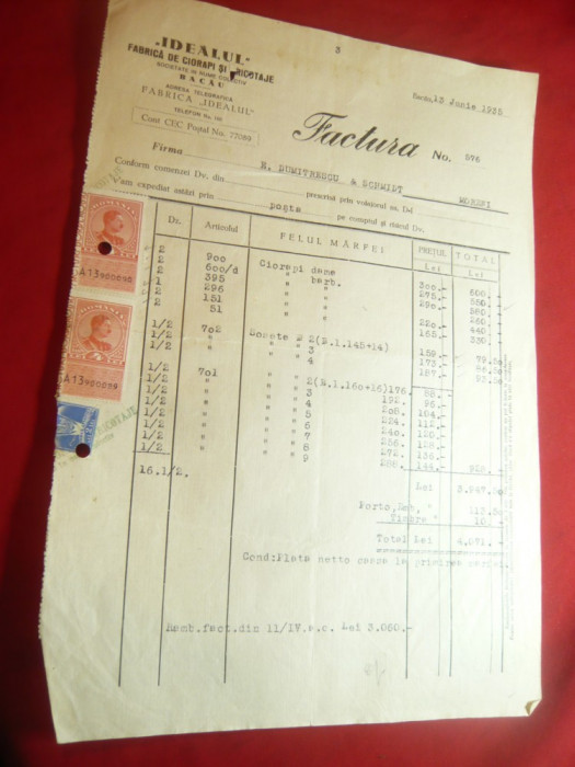 Factura cu Antet Fabrica Idealul- Ciorapi si Tricotaje Bacau 1935 ,timbre fiscal