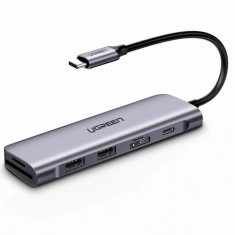 Ugreen 6w1 HUB multifuncțional USB tip C - 2x USB 3.2 Gen 1 / USB tip C putere 100 W / HDMI 4K / cititor de carduri SD și micro SD (TF) gri (CM195 704