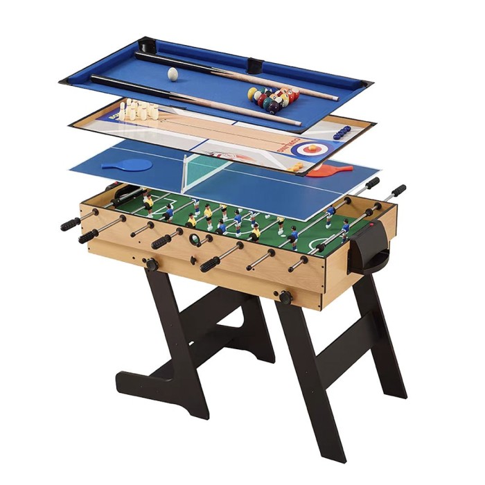 Masă de joc 4 &icirc;n 1 pentru foosball, ping-pong, biliard și curling bowling