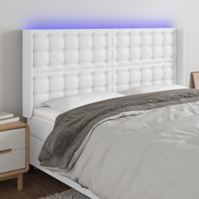 vidaXL Tăblie de pat cu LED, alb, 183x16x118/128 cm, piele ecologică 3124151 foto