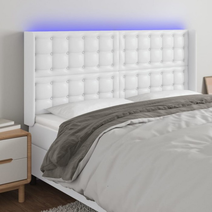 vidaXL Tăblie de pat cu LED, alb, 183x16x118/128 cm, piele ecologică 3124151