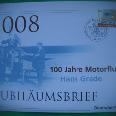 HOPCT PLIC FDC S 2012 AVION CU MOTOR HANS GRADE -2008-JUBILAUMSBRIEF GERMANIA
