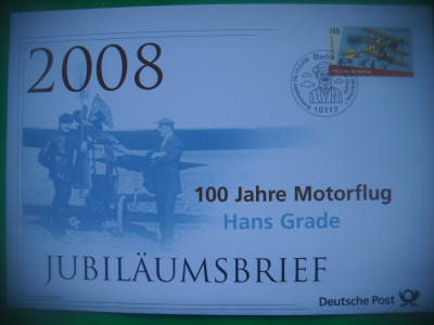 HOPCT PLIC FDC S 2012 AVION CU MOTOR HANS GRADE -2008-JUBILAUMSBRIEF GERMANIA foto