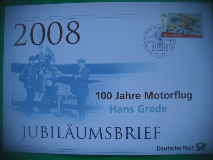 HOPCT PLIC FDC S 2012 AVION CU MOTOR HANS GRADE -2008-JUBILAUMSBRIEF GERMANIA