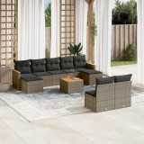 Set mobilier gradina Gossi, 10 piese, poliratan gri, cu perne incluse. Canapele, taburete, masa, depozitare.