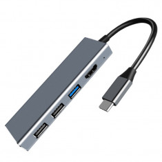 Adaptor Hub Multifunctional 7 In 1 Techstar&reg; ZFZ7IN1, HDMI 4K, USB-C, 1 X USB 3.0, 2 X USB 2.0, Cititor de carduri SD/TF, PD Port, Argintiu