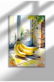 Imprimeu pe p&acirc;nză cu natură statică de bucătărie ne&icirc;nrămată, banane și plăci ceramice sărutate de soare, poster de perete mediteranean | A3 (29.7 x 42