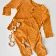 Set bluzita cu maneca lunga si pantaloni lungi din bumbac organic si modal - Mustar BabyCosy (Marime: 18-24 Luni)