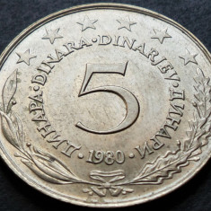 Moneda 5 DINARI / DINARA - RSF YUGOSLAVIA, anul 1980 *cod 3754 A = UNC