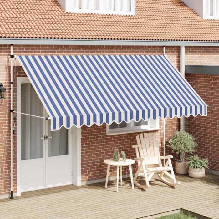 Copertină retractabilă manual, dungi albastru și alb, 400 cm