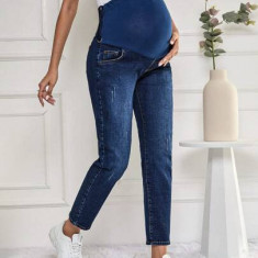 Blugi din denim, cu talie medie si buzunare, Maternity, albastru, dama, Shein