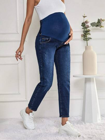 Blugi din denim, cu talie medie si buzunare, Maternity, albastru, dama, Shein