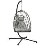 Outsunny Scaun Balansoar pentru Exterior cu Pernă Căptușită, Scaun Suspendat cu Coș Pliabil și Suport Metalic, 100x131x194 cm, Gri | Aosom Romania