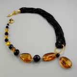 Cumpara ieftin Colier Amberia Agat Negru &amp; Chihlimbar Mexican, Argint 925 placat aur roz, 46-50cm, reglabil, Made in Italy