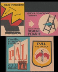 1969 Romania - Set 4 etichete de chibrituri romanesti Fabrici de Prelucrare a Lemnului PAL Braila, Pipera, IPROFIL Timisoara