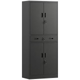 HOMCOM Dulap metalic 180 cm, dulap de scule cu uși &icirc;nchise cu cheie, sertar și rafturi reglabile, Negru | Aosom Romania