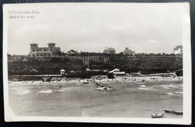 Constanta Carmen Silva 1943 - Vedere din avion, tip fotografie, foarte animata, circulata la Cernauti, 2 timbre intacte, stampila CENZURAT foto