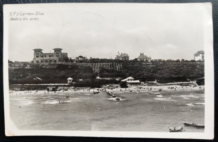 Constanta Carmen Silva 1943 - Vedere din avion, tip fotografie, foarte animata, circulata la Cernauti, 2 timbre intacte, stampila CENZURAT
