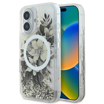 Husa pentru iPhone 16 - Guess Liquid Glitter Flower MagSafe (GUHMP16SLFMWTE) - Beige foto