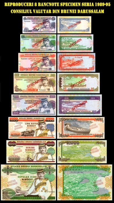 reproduceri 8 bancnote specimen seria 1989 Brunei Darussalam