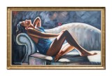 Cumpara ieftin Tablou inramat tanara pe canapea pictat manual dormitor, living, SENZUAL, 110x70cm ulei pe panza, Mircea Iordache