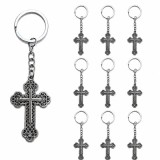 Cumpara ieftin Set 10 brelocuri argintii 10,5 cm cu cruce 5,4 x 3,3 cm, metal patinat filigranat, accesorii religioase port chei barbati si femei sau marturii botez