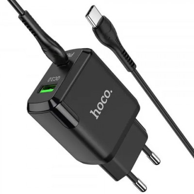 Incarcator Priza USB-A, Type-C, Q.C 3.0, PD 20W, 3A + Cablu Type-C Hoco Favor (N5) Negru foto