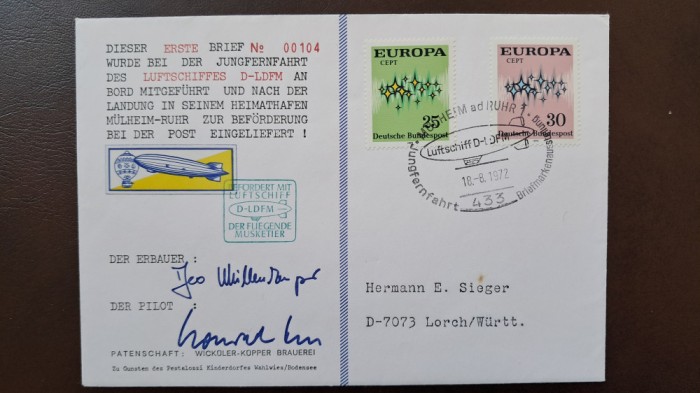 ZEPPELIN 1972 Circ. cu D-LDFM ,autografe,st. inaugurala,vign.wickuler PERFECTA
