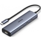 Hub USB-C UGREEN CM512, 1 x USB-A 3.2 - 1 x USB-A - 3 x USB-C - 1 x RJ45, Gri
