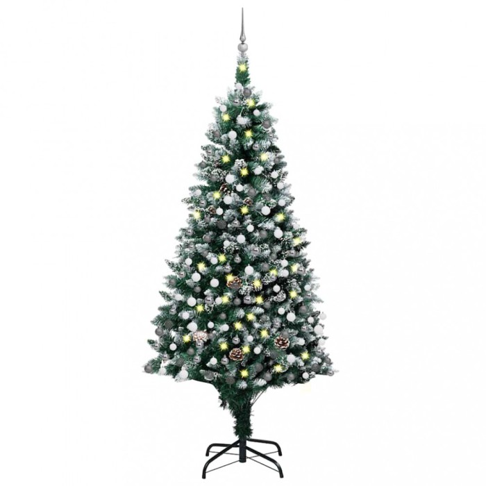 vidaXL Brad Crăciun artificial pre-iluminat globuri/conuri pin, 210 cm