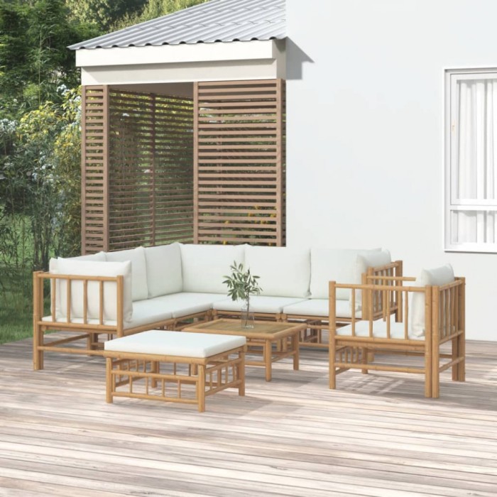 Gossi set mobilier de gradina, cu perne alb crem, 8 piese, bambus