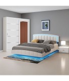 Dormitor ALB 160x200 cm cu Pat Tapitat LED, Dulap 150x210x61 cm si Noptiere. Somiera inclusa. Fara saltea.