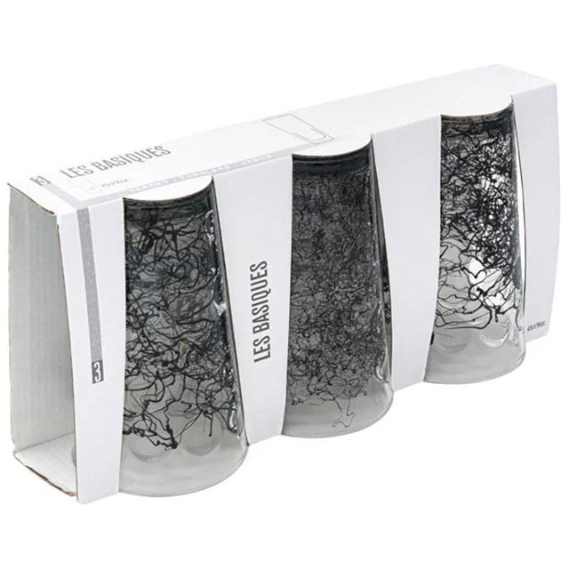 Set 3 pahare Felis, Sticla, Model fum, 450 ml, Transparent/Negru