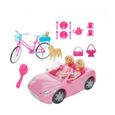 Jucarie pentru fete, masina decapotabila roz cu 2 papusi cu parul lung si blond