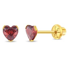 Cercei Aur 14K Copii, model Birthstone (zi nastere ianuarie), forma Inima cu Piatra CZ Red