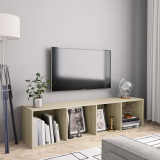 Biblioteca/Comoda TV Stejar Sonoma 143x30x36 cm, 4 Compartimente, Montaj Podea/Perete, Lemn, Rafturi Depozitare, Design Modern