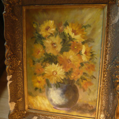 Tablou vechi - Vaza albastra cu flori galbene , nesemnat , Dim.= 65x50cm cu rama